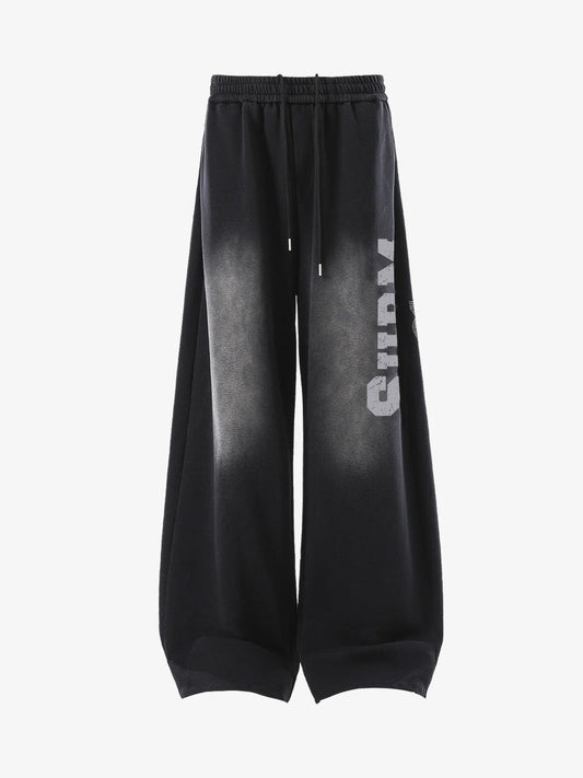 French Terry Distressed Gradient Drawstring Wide Leg Pants 