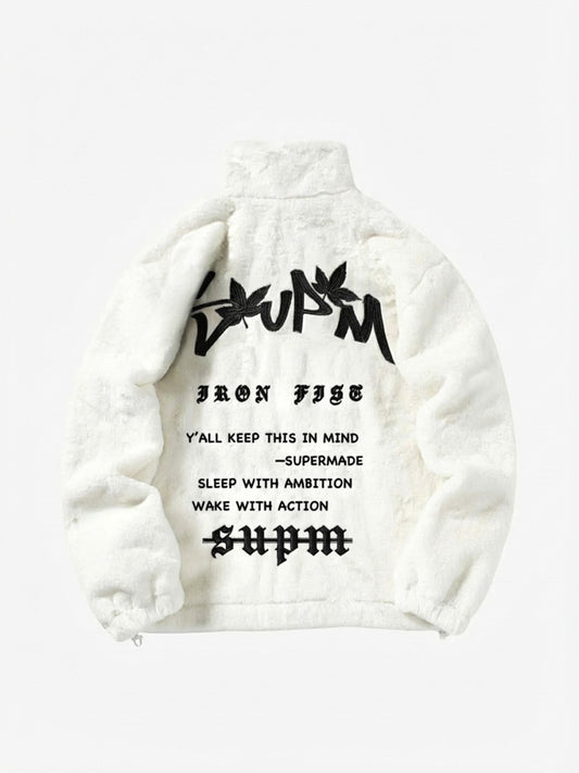 Thesupermade Hip-hop Letter Stand Collar Fur Jacket - 1908 
