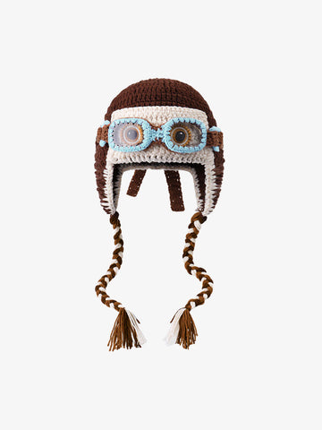 Colorblock Crochet Goggles Trapper Hat 
