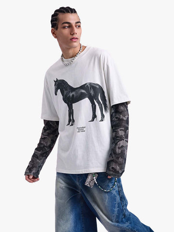 Layered Leopard Horse Graphic Long Sleeve T-Shirt 