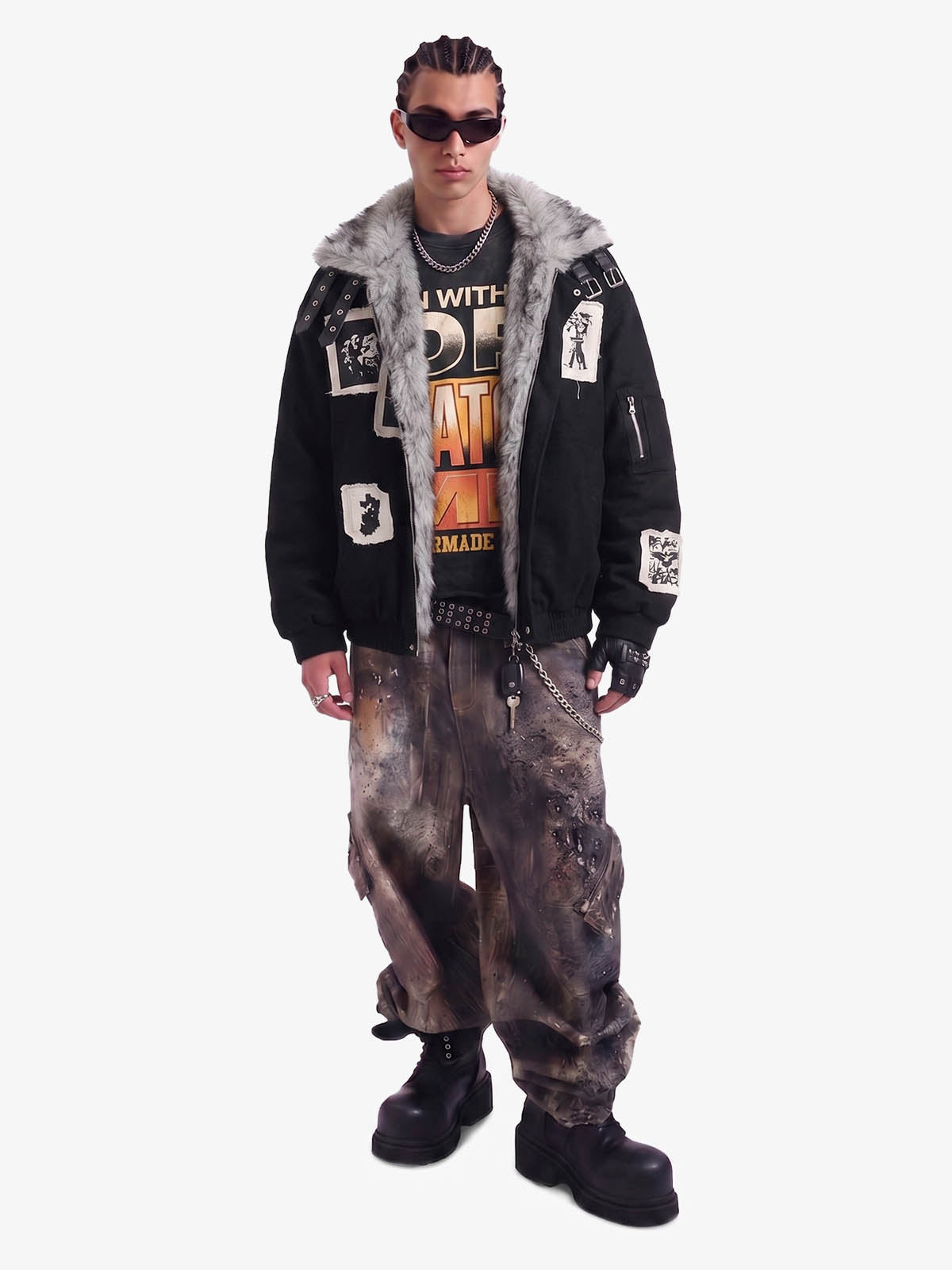 Faux Fur Collar Patchwork Embroidered Quilted Jacket 