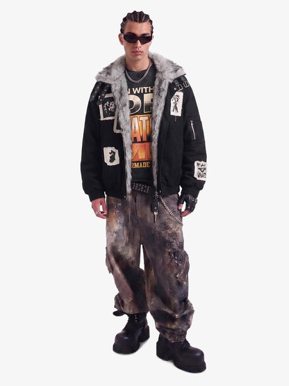 Faux Fur Collar Patchwork Embroidered Quilted Jacket 