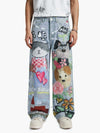 Jeans mit Graffiti-Tier-Print, Used-Look und weitem Bein