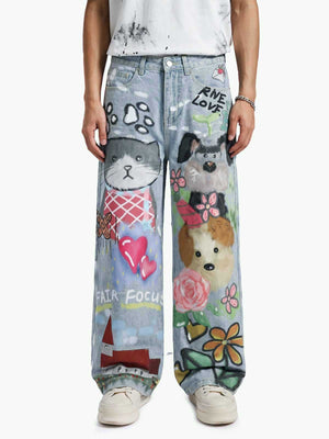 Graffiti Cartoon Animal Print Distressed Wide Leg Denim Jeans 