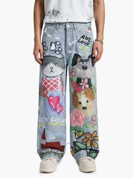 Jeans mit Graffiti-Tier-Print, Used-Look und weitem Bein