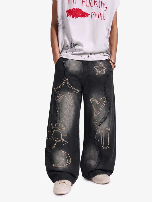 Vintage-Scimitar-Jeans mit verwaschenem, gesäumtem Graffiti-Muster und Stickerei