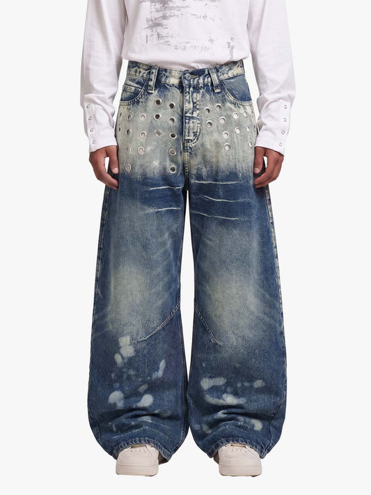 Multi-Eyelet Distressed Gradient Baggy Jeans 