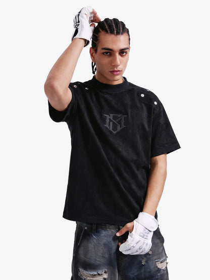 Metallic Print Suede Crew Neck T-Shirt 