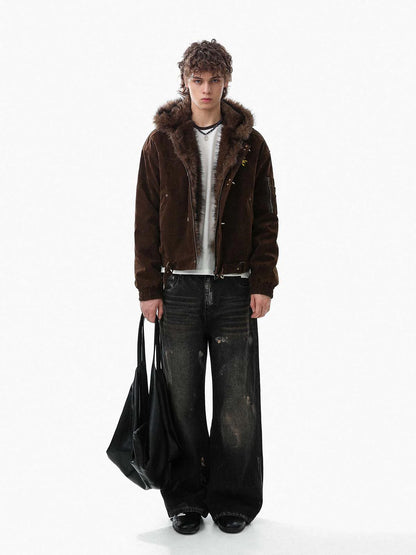Streetwear Bomberjacke aus Wildlederimitat mit Kunstfellkapuze und Metallclip - 2597