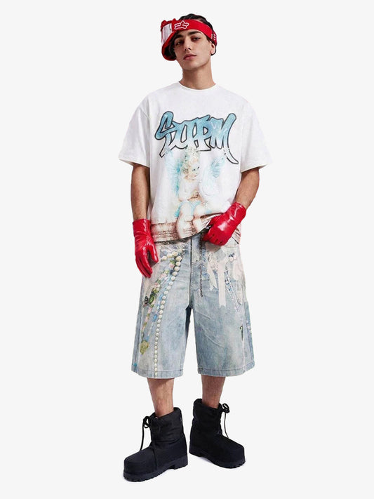 Jeansshorts mit Schmuckperlen-Grafikdruck und 3D-Effekt