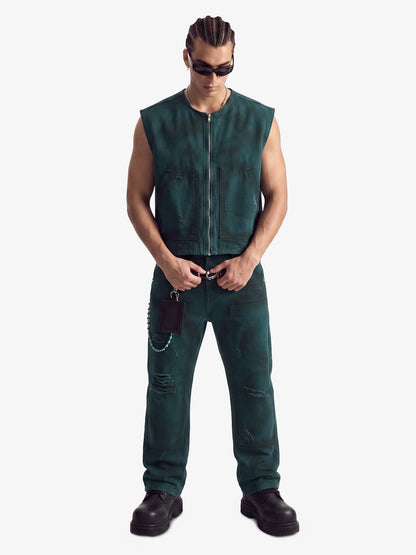 Airbrush Print Sleeveless Vest & Straight Leg Jeans Set 