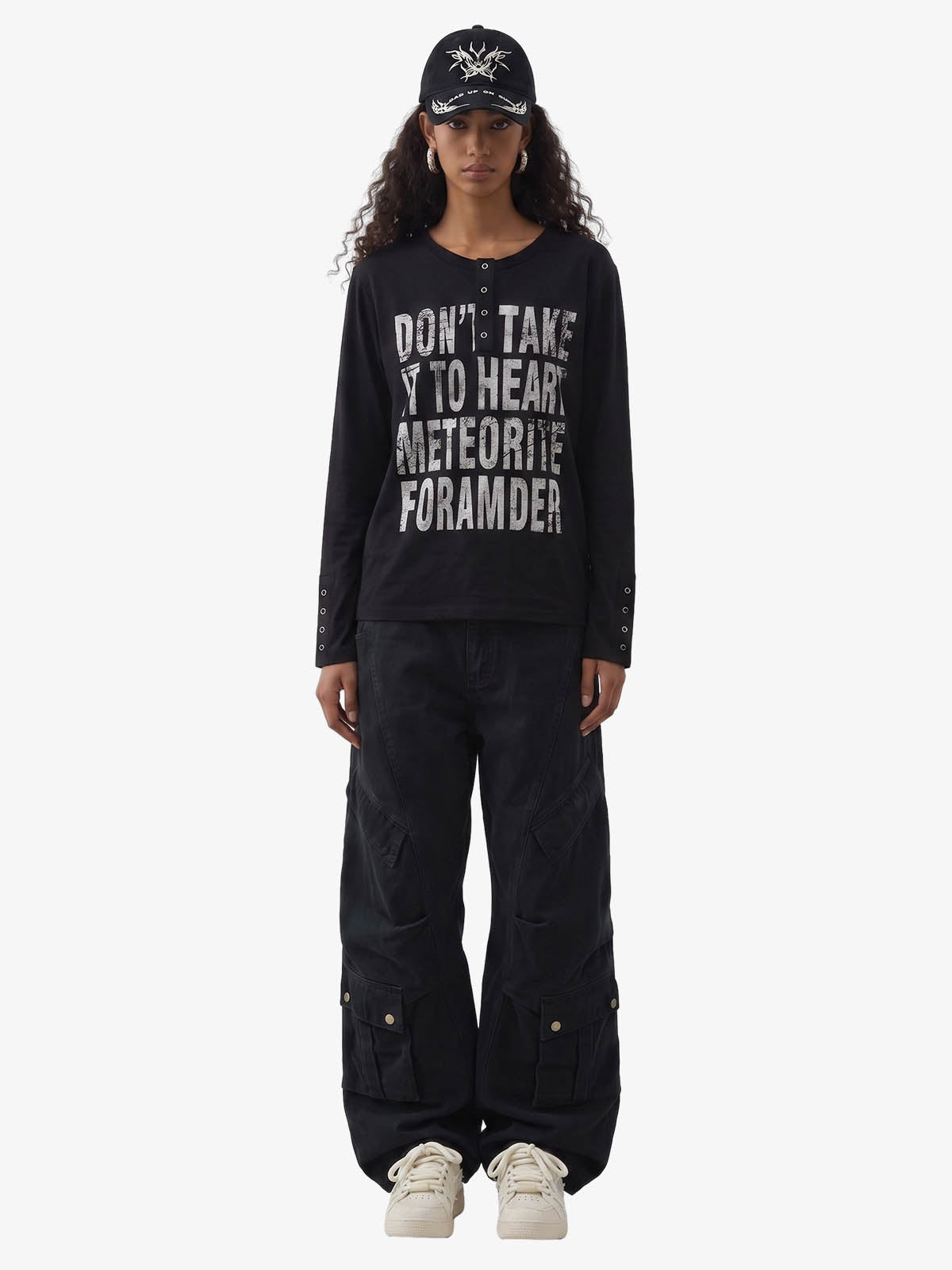 Vintage Grunge Text Print Henley Long Sleeve T-Shirt 