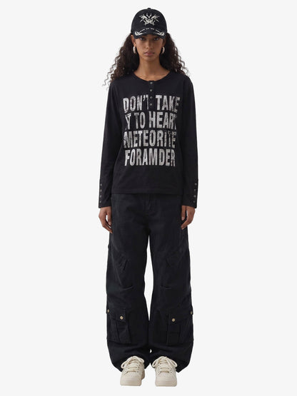 Vintage Grunge Text Print Henley Long Sleeve T-Shirt 
