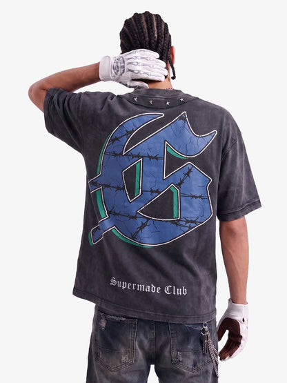 Jersey Knit Street Retro Skull Graffiti Print T-Shirt 