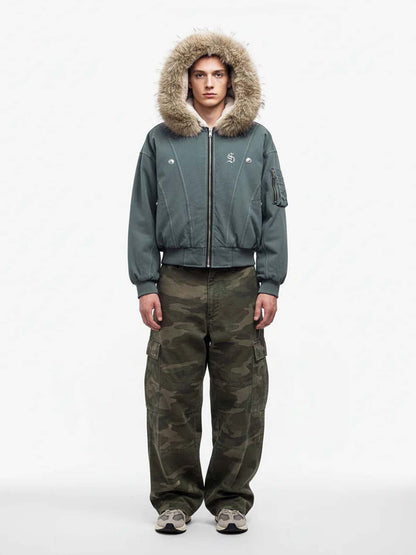 Faux Fur Lined Zip Up Hooded Bomber Jacket 