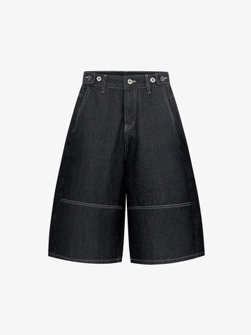 Multi-Pocket Raw Edge Jorts – 3/4 Length Wide-Leg Utility Denim Shorts