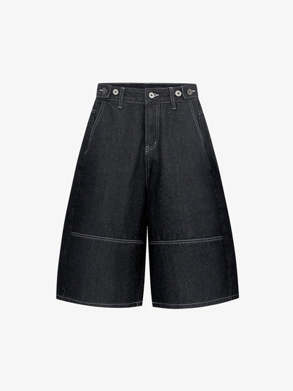 Multi-Pocket Raw Edge Jorts – 3/4 Length Wide-Leg Utility Denim Shorts