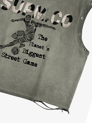 Distressed streetwear style loose sleeveless vest, decorated with a soccer print pattern and distressed and washed details, with metal eyelet details. 