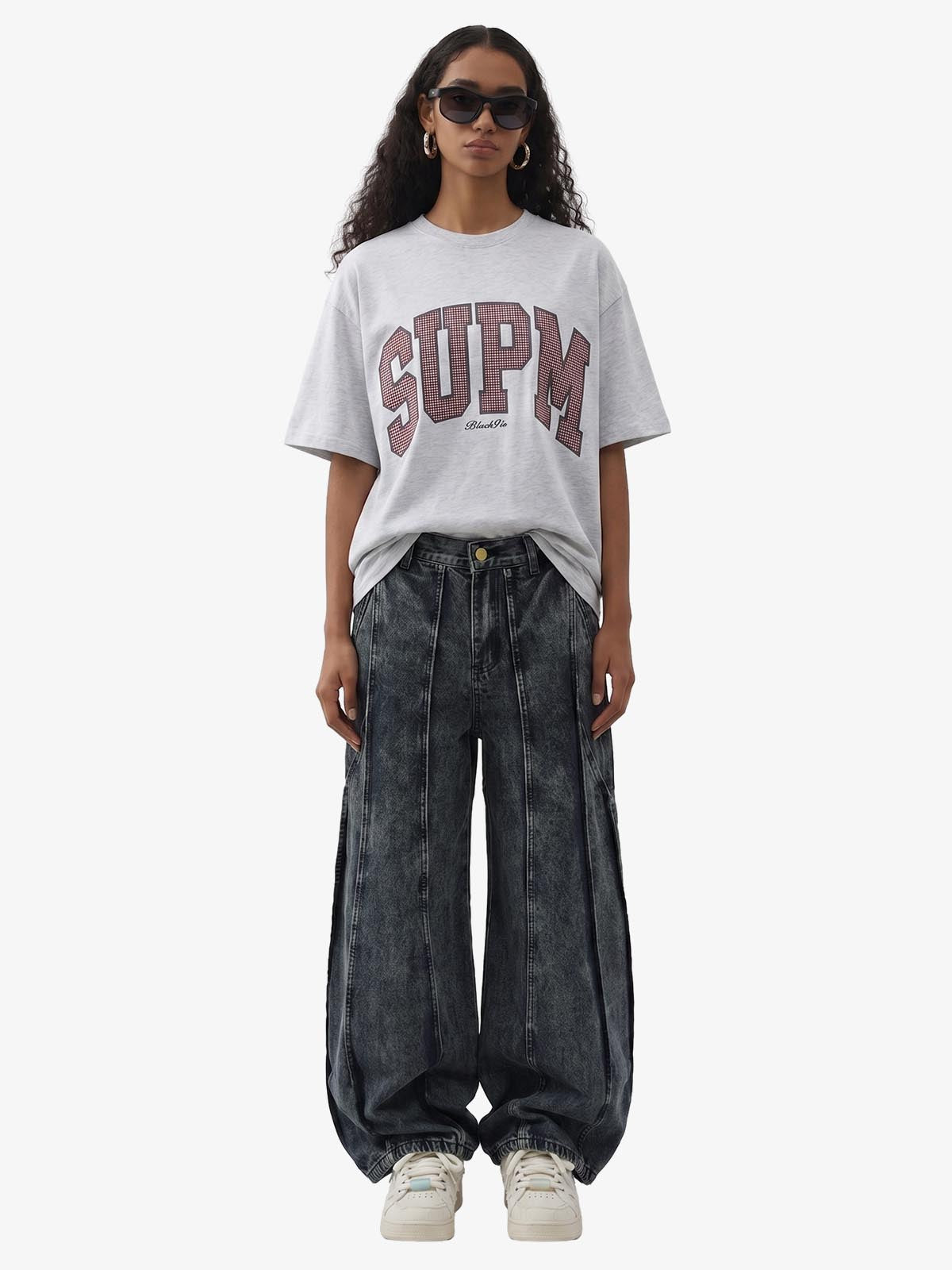 Washed Geometric Panel Barrel Jeans 