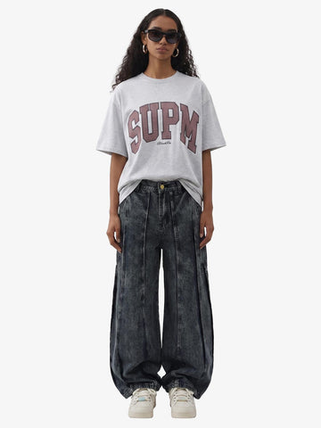 Washed Geometric Panel Barrel Jeans 