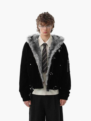 Streetwear Bomberjacke aus Wildlederimitat mit Kunstfellkapuze und Metallclip - 2597