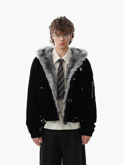 Streetwear Bomberjacke aus Wildlederimitat mit Kunstfellkapuze und Metallclip - 2597