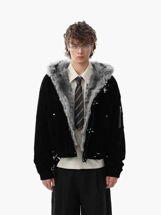 Streetwear Bomberjacke aus Wildlederimitat mit Kunstfellkapuze und Metallclip - 2597