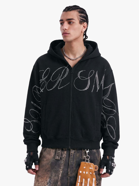 Street Hip-Hop Rhinestone Cropped Zip Up Hoodie 