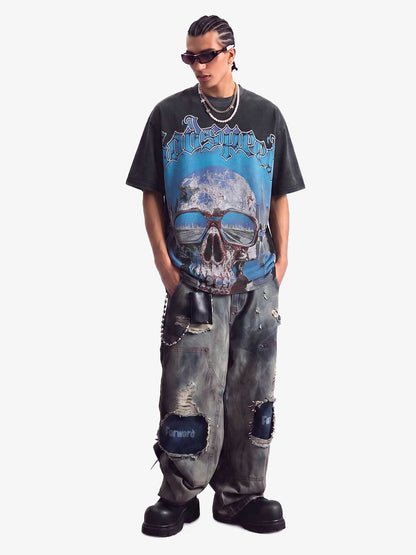 Jersey Knit Street Retro Skull Graffiti Print T-Shirt 