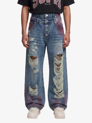 Double-Waist Distressed Wide-Leg Jeans 