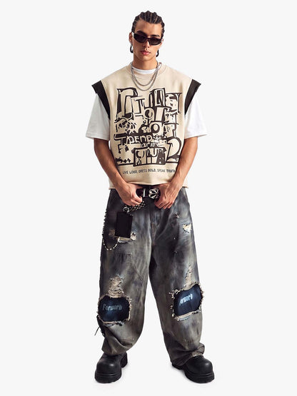Graffiti-Grafik T-Shirt mit kontrastierenden Kanten und offener Saumkante, ärmellos