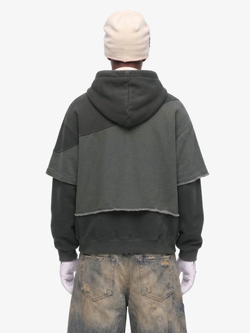 Distressed Patchwork Raw-Edge Layered-Hem Fleece Hoodie 