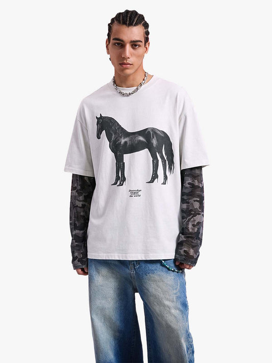Geschichtetes Langarm-T-Shirt mit Leoparden-Pferdegrafik