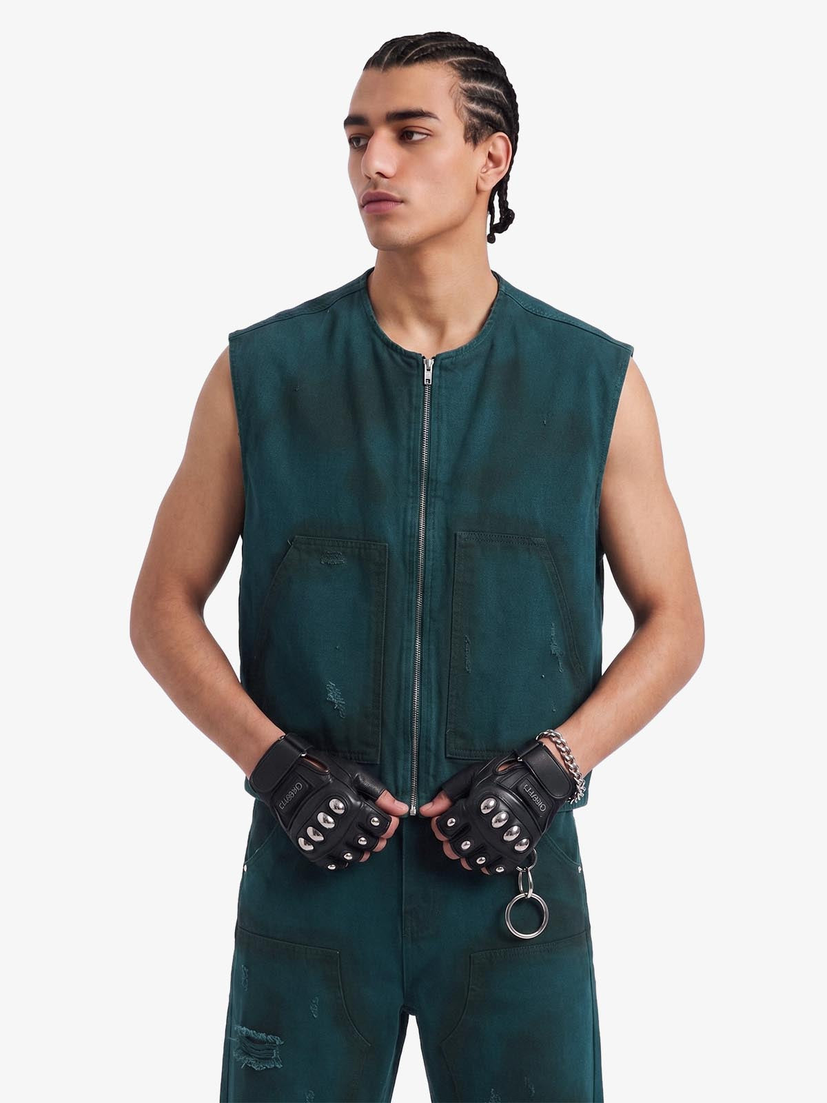 Airbrush Print Sleeveless Vest & Straight Leg Jeans Set 