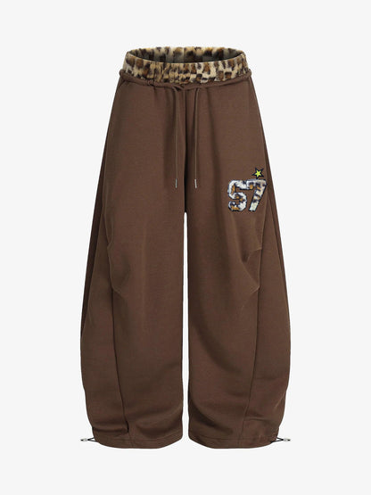 Retro Double-Waist Leopard Patch Barrel Pants - 2564 
