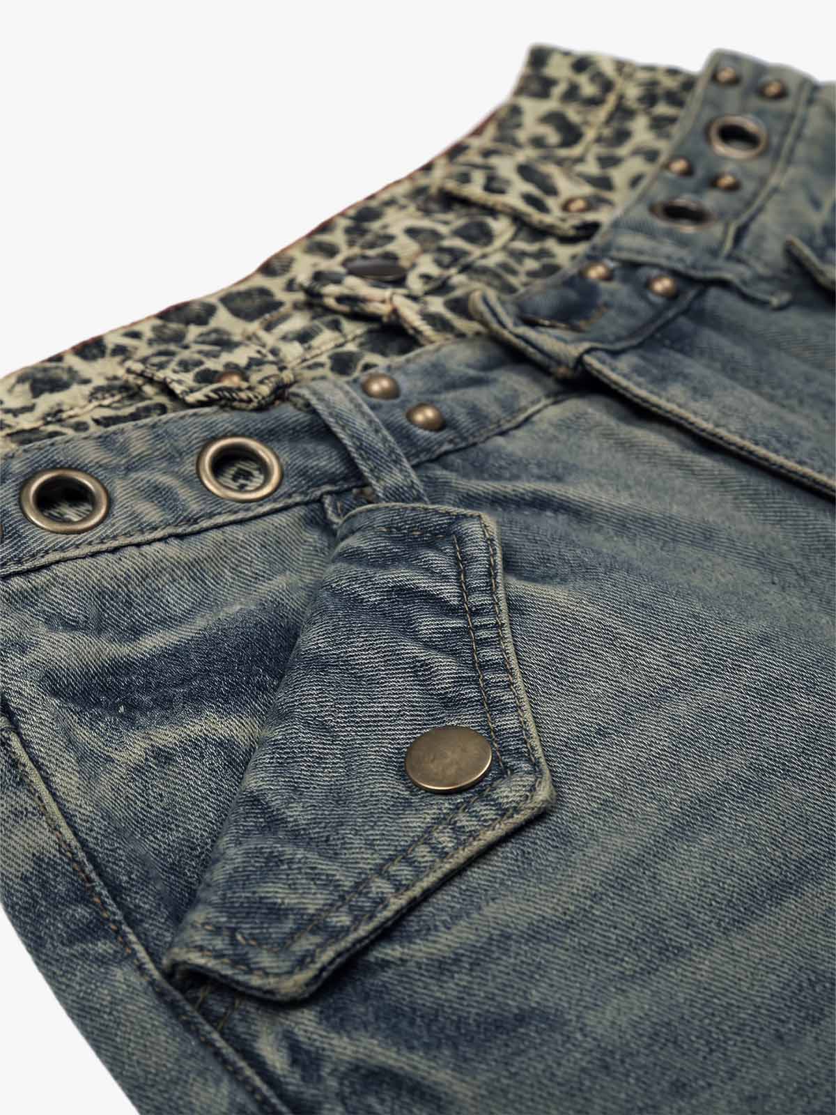 Y2K Double Waistband Leopard Print Wide Leg Jeans 