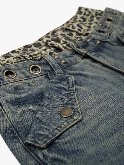 Y2K Double Waistband Leopard Print Wide Leg Jeans 