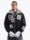Gesteppte Jacke mit Kunstpelzkragen, Patchwork und Stickerei