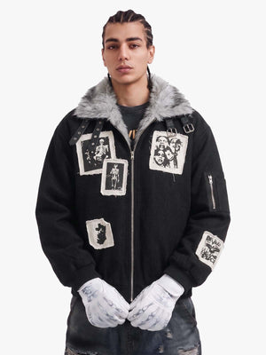 Faux Fur Collar Patchwork Embroidered Quilted Jacket 