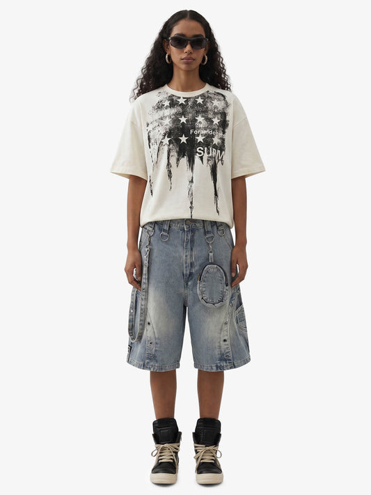 Baggy Denim Jorts mit mehreren Hardware-Details
