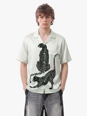 Double Cheetah Graphic Satin Camp Collar Boxy Shirt 