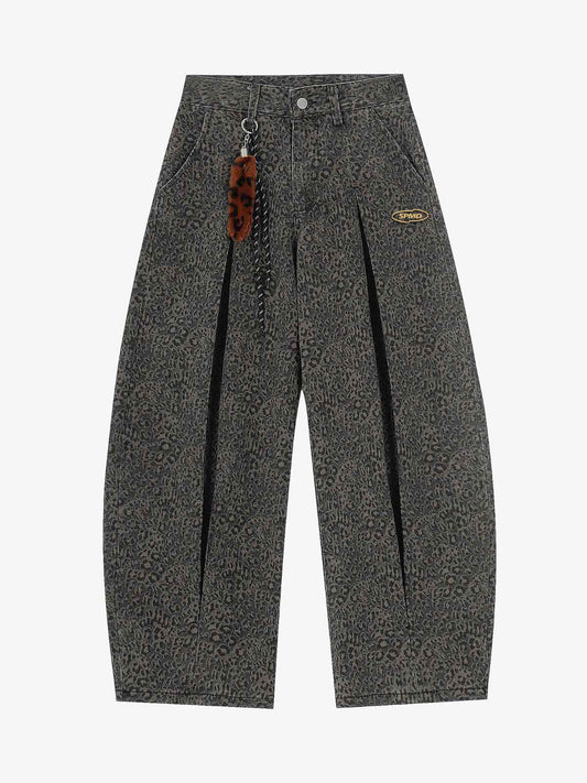 Leoparden-Plissee-Jeans mit weitem Bein