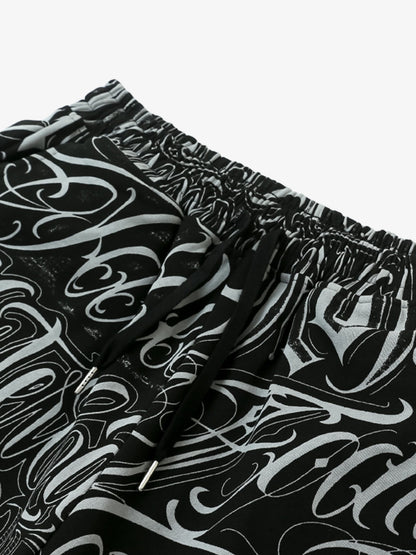 Black & White Graphic Lounge Shorts – Elastic Waist Drawstring Streetwear Shorts