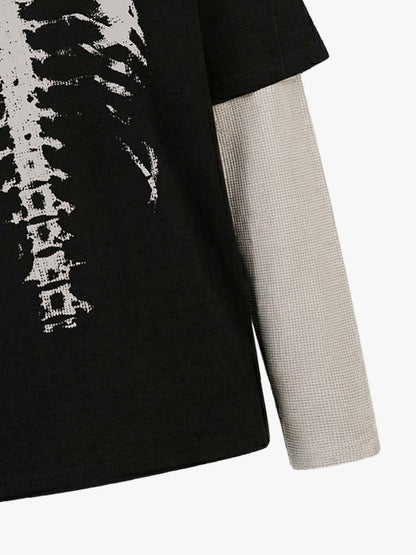 Waffle Knit Skeleton Graphic Layered T-Shirt 