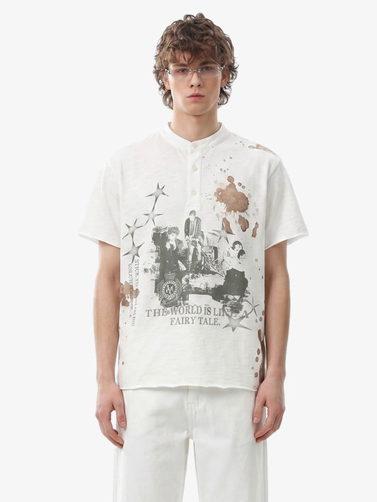 Märchenhaftes Grunge-Henley-T-Shirt mit Stehkragen