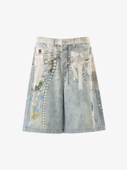 Jeansshorts mit Schmuckperlen-Grafikdruck und 3D-Effekt