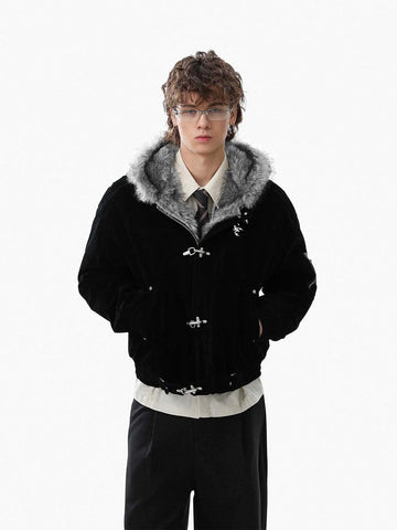 Streetwear Bomberjacke aus Wildlederimitat mit Kunstfellkapuze und Metallclip - 2597