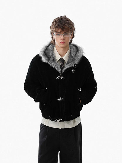 Streetwear Bomberjacke aus Wildlederimitat mit Kunstfellkapuze und Metallclip - 2597