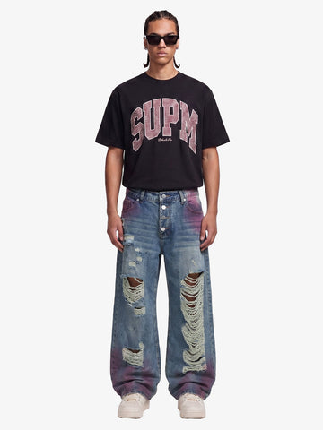 Double-Waist Distressed Wide-Leg Jeans 