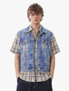 Layered Plaid Denim Print Short Sleeve Shirt 
